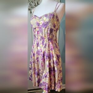 90s Y2K Vintg Free People Floral Sundress Womens 10 Taupe Purple Yellow Smocked